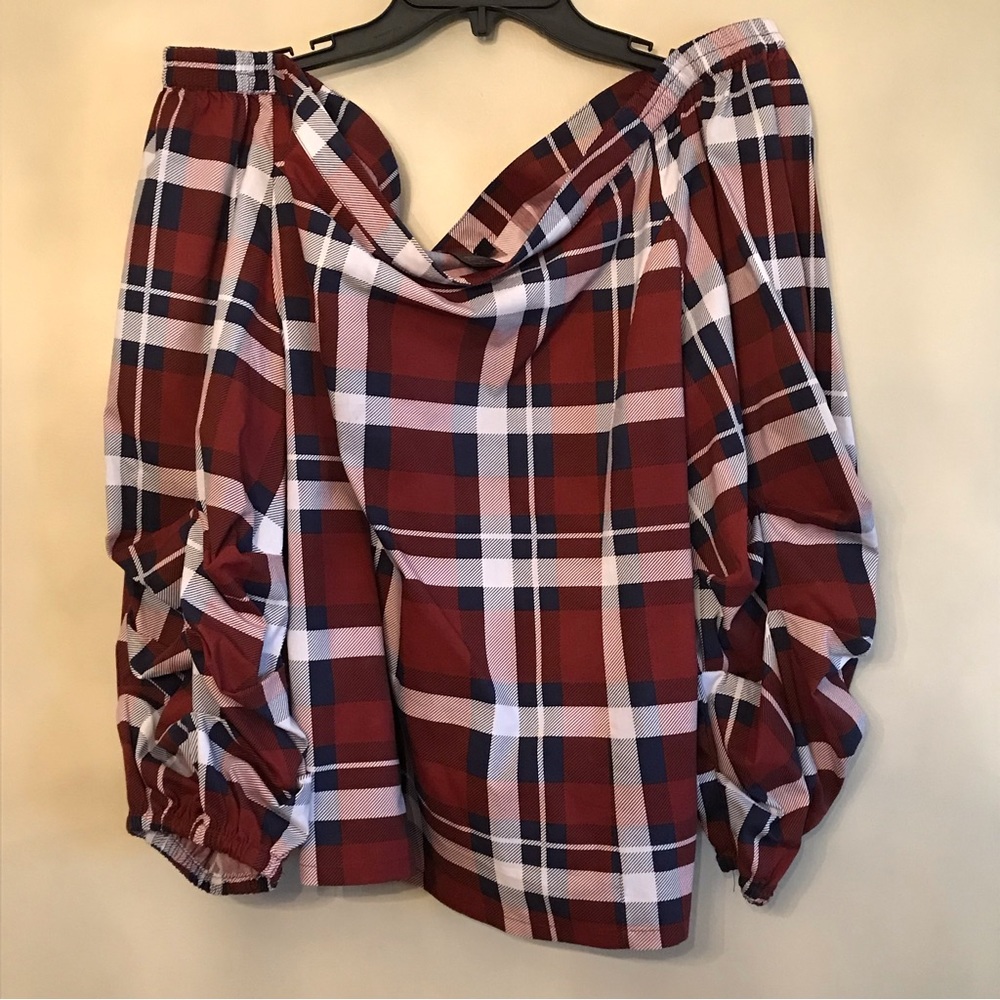 ASHLEY STEWART CABARET PLAID RUCHED SLEEVE TOP SIZE 20